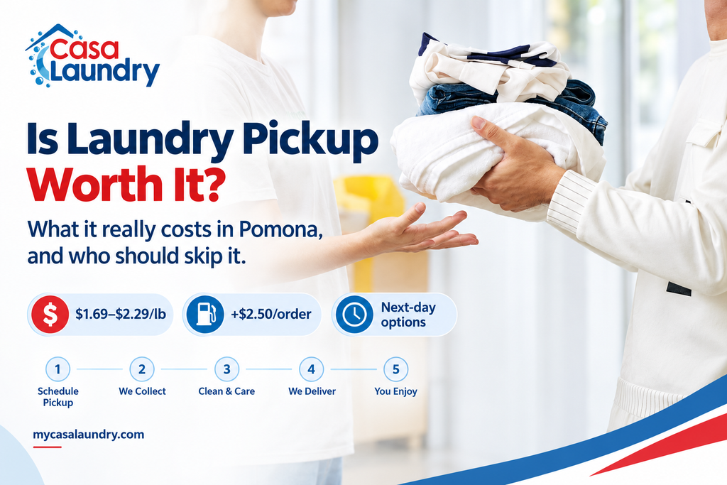 Casa Laundry pickup service in Pomona with folded clothes, pricing details, pickup steps, and mycasalaundry.com branding.